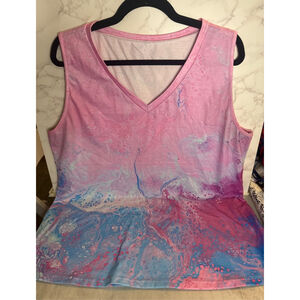 Women's Unbranded Pink Blue Marbled V-Neck Tank Top
